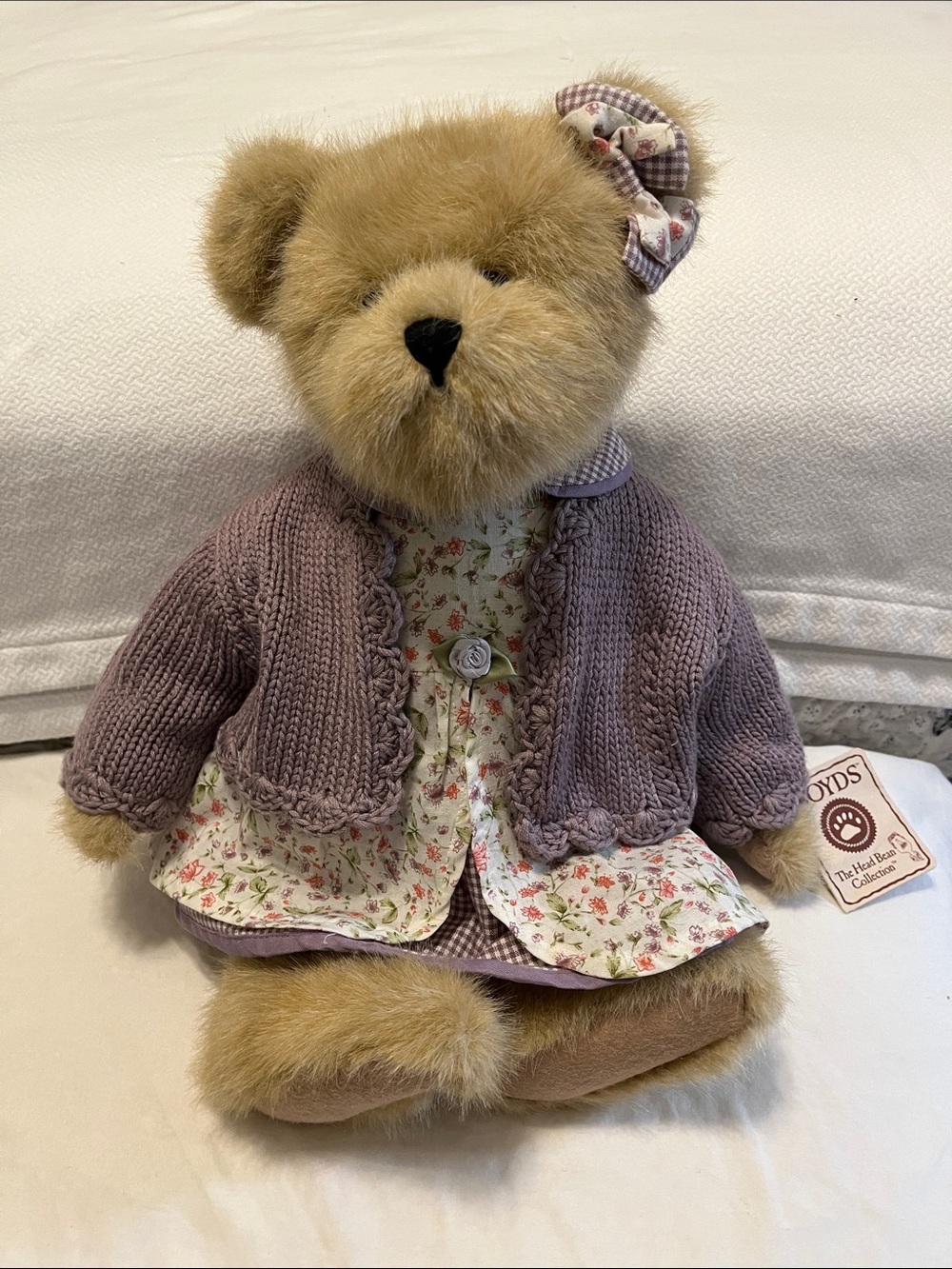 Lavender LeFleur Boyds Bears Tan Plush Bear with Lavender Knit Cardigan